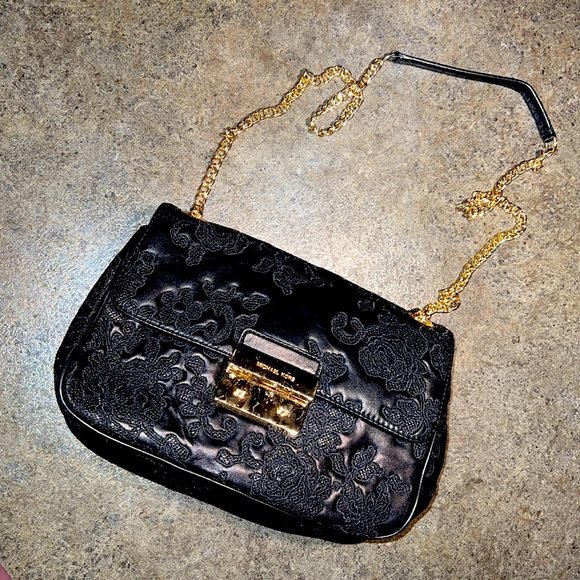 Michael Kors Flap Black Lambskin Leather Embroidered Lace Chain Crossbody Bag